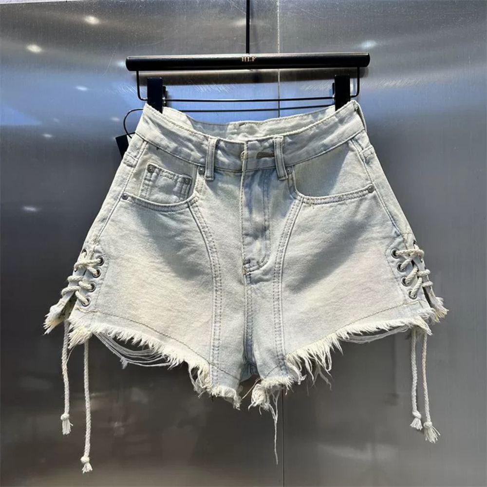 Zara Summer Drawstring Fringe Raw Hem Tie Denim High Waist Shorts